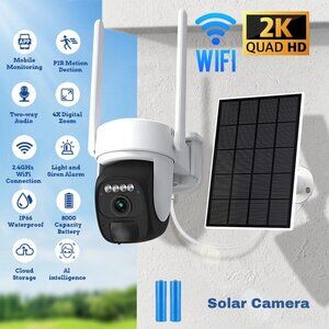 Camera 3MP WiFi Security with Solar Panel, Night Vision, PIR Motion, Waterproof